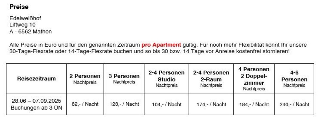 Preise für den Edelweißhof im Sommer 2025