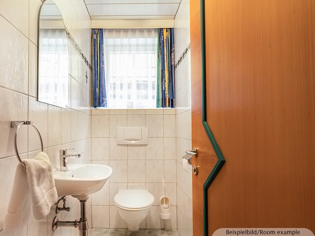 Das Bild zeigt Waschbecken mit Spiegel, Toilette und Klobürste 