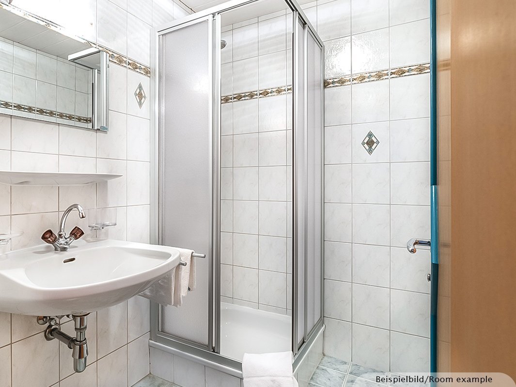 Das Bild zeigt ein Waschbecken mit Spiegel, Dusche 